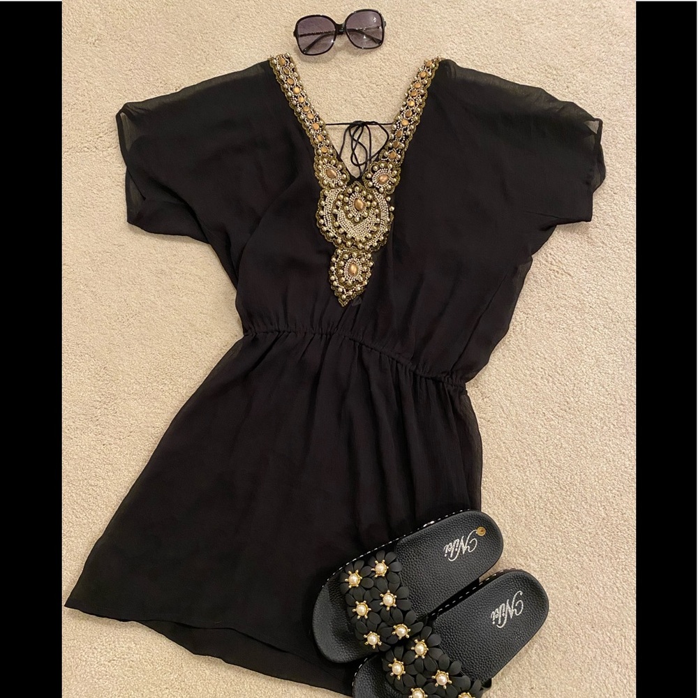 Elegant Black and Gold Beaded Swimsuit Cover Up